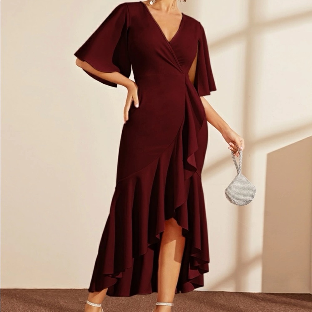 SHEIN cape sleeve ruffle trim wrap dress